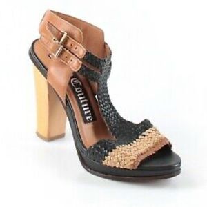 WOMENS JUICY COUTURE CRISTA BLACK BROWN WOVEN LEATHER SANDALS HEELS